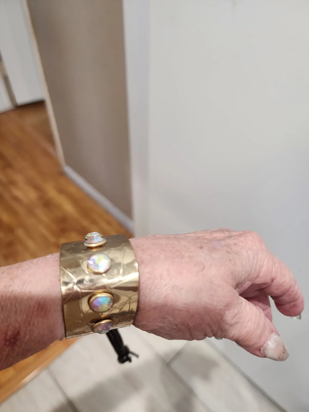 Gold-Tone Cuff Bracelet with Iridescent  Stones Genuine Leather- Sandra Ling